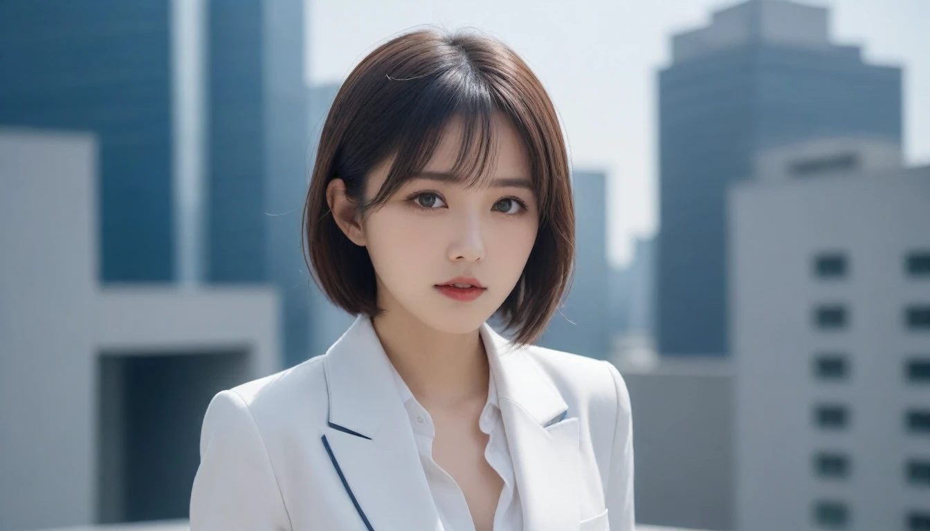 8k, Ultra-high resolution, Highest quality, masterpiece, 三分割法によるphotograph,Surreal, photograph, 1 , (:1.3), cute, cute顔, 細部までBeautiful Eyes, 細かくdetailedに,masterpiece,One Girl:1.2,Japanese women,Female announcer,cowboy shot,glaring,Black short hair,messy hair,from side,(White shirt:1.3),Blazer,Pencil Skirt,Rooftop,white collar,blue sky,Background of skyscrapers,(Beautiful attention to detail),Subtle details, detailedな顔,anger,Attractive eyes,(ポートレートphotograph:1.4),(Photorealistic images:1.4),Fantasy art,(Beautiful Face:1.4),美しくAttractive eyes、Beautiful Eyes,Silver residue,(Tight waist:1.4)、(Beautiful with perfect body proportions:1.4),Pink Lips,profile,(((Ideal body type))),A-cup small breasts :2,、Portraiture:2、Perfect Anatomy、鮮明なdetailed、detailed,Fashion magazine cover,Thin lips,完璧でBeautiful Face ,完璧でcute顔, Skin with attention to detail, Perfect limbs、Narrow waist,Surreal,Light and shadow,sunlight