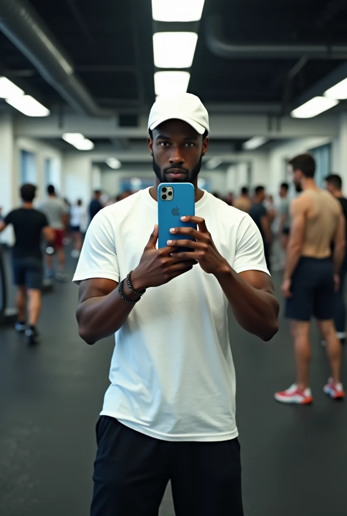 best qualityer:1.4), (ultra high resolution:1.2), (photorrealistic:1.4), (8k, CRU photo:1.2), a thin young man of 20 years old, skin black, with a smooth, beardless face, is wearing a white cap, is wearing a white short sleeve shirt. He's wearing black shorts. He's taking a picture in the mirror. He has an iPhone with a blue case. In the background there is a gym and people moving around.