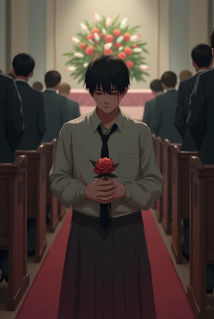 Boy grieving at his girlfriend's funeral