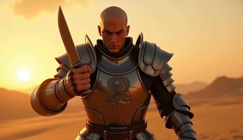A highly realistic, high-contrast, 8k hd, detailed, hyper-detailed image set in a desert during sunset. The scene features "Tadokoro," a knight with a shaved head, clad in steel armor with a prominent lion emblem on his chest, raising a small knife with a fierce and determined expression. The intensity of his face reflects the urgency and power of the moment as he prepares to strike with the small blade. The warm, golden light of the setting sun bathes the scene, casting dramatic shadows across the sandy desert and highlighting the details of his armor and the lion emblem. The atmosphere is charged with tension and focus, capturing the critical moment of action. The image is of the highest quality, with ultra-high resolution, RAW photo quality, and Unreal Engine rendering, showcasing "Tadokoro" in the desert at sunset, with his small knife poised for a powerful strike.