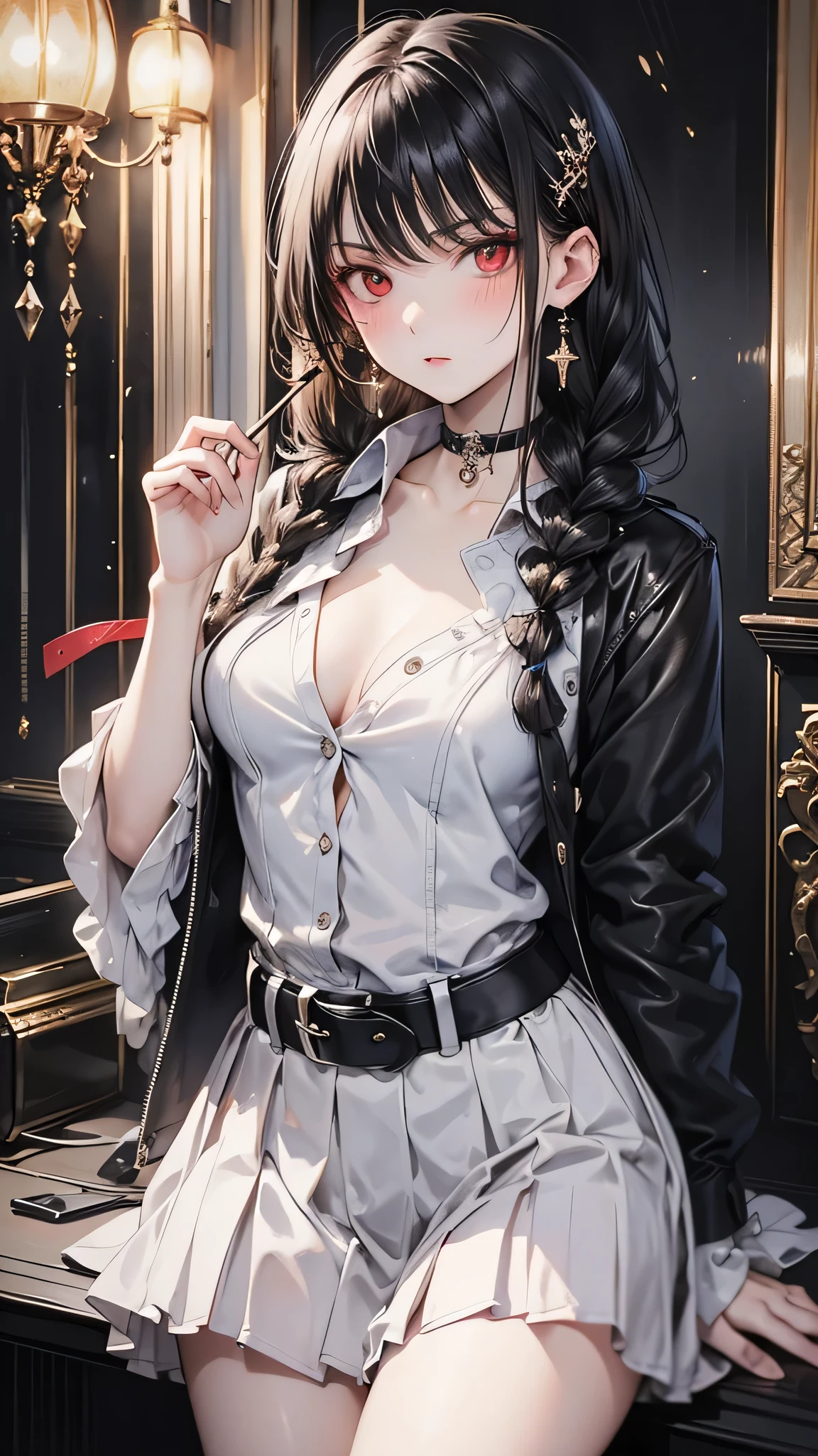 (masterpiece, Highest quality: 1.2), night, Highly detailed face, The real picture, Realistic Skin, Realistic body, Intricate details), Red eyes, (Intimidating look), A slight blush, Social attire, Half-open button-up shirt (white), whiteいブラジャー, skirt (black), black belt with buckle, Beautiful long hair (Stick to braids), Mid-chest, Slender beauty,