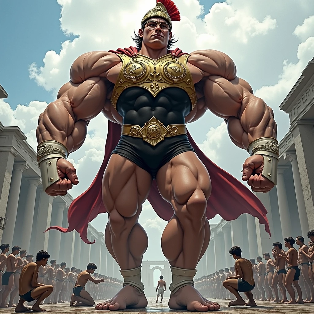 This boy has injected himself with a serum that has given him a huge growth of muscles that has turned him into a gigantic muscle monster. His legs stand out because the amount of muscle and enormous size make the boy look disproportionate since the muscles of his torso are much smaller compared to them.. He is wearing an ancient warrior style suit., First a super tight black lycra base layer that covers the entire body, Then a golden breastplate finally decorated with scenes in relief of muscular men, She also wears a golden belt that is around her small waist. Lleva tambien unas hombreras de oro y una capa color carmin, sus enormes brazos estan cubiertos por la lycra negra y unos guantes blancos con puas en los nudillos, en las piernas lleva unas medias de futbol color blanco extra largas que le llegan hasta los muslos. Sus rostro es hermoso, no lleva barba y tiene el pelo bien corto ademas de llevar unas gafas redondas. Se lo ve aplastando la cabeza de su enemigo. Porta un yelmo griego cerrado color dorado con detalles y un gran penacho rojo. Se encuentra en medio de un gram salon rodeado de gente mucho mas pequeña que el que se inclinan ante el.