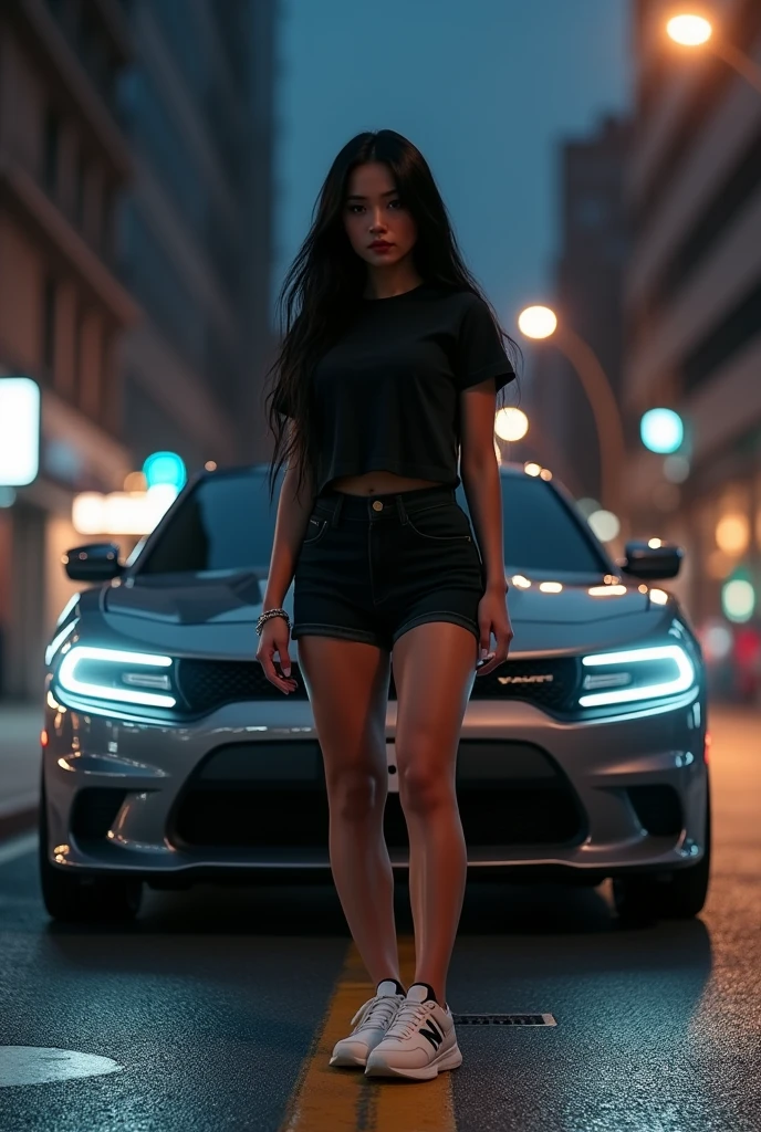 (photorealism:1.2), beautiful curve asian woman, long blackhaired, wearing black tshirt, shorts phant, wearing white newbalance shoes, standing front a car dodge charger, on the street city, at night