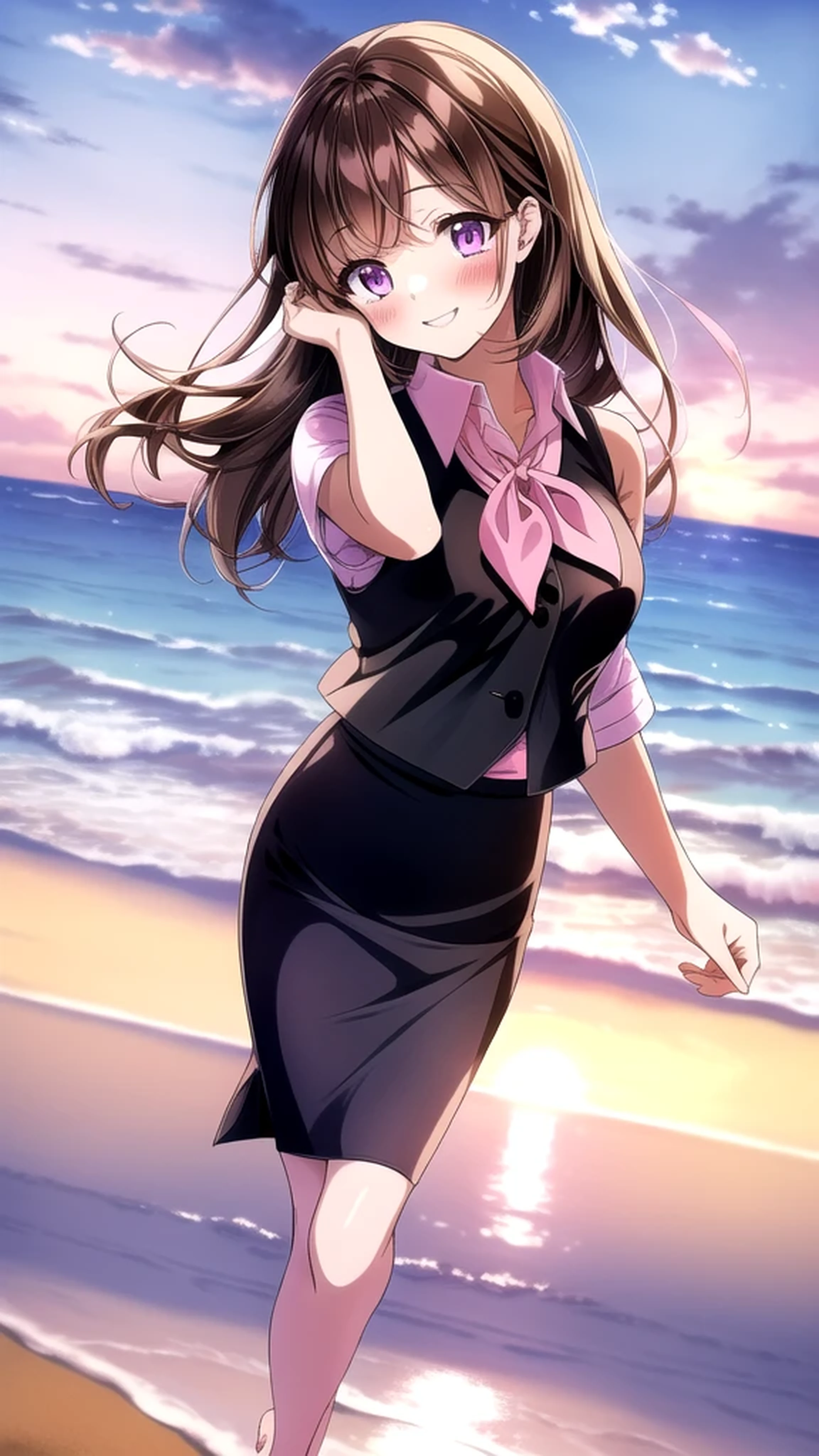Anime illustration - Shino amagi OL, One person, office lady, Purple eyes, Black brown hair, collared shirt, shirt, skirt, blush, white shirt, neckerchief, black vest, pencil skirt, eyelashes, medium chest, checkered floor, pink ribbon, striped bow, ribbon, blush, Cute Smile Open your mouth, Are standing, (She walked along the beach in the sunset, her bare feet touching the water, the closest she came to seeing that smile), barefoot, Two Arms, (cinematic angle:1.1),