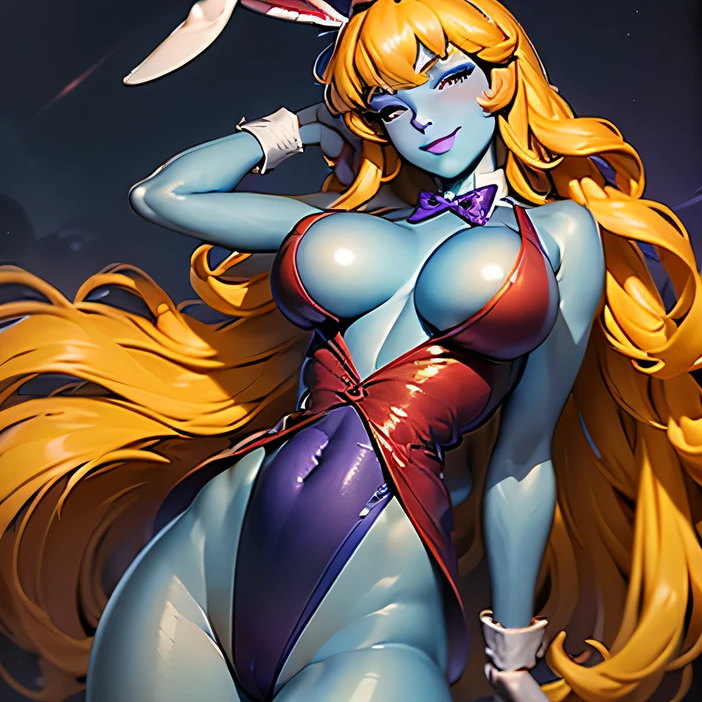 ((masterpiece,best quality,ultra-delicate,Perfect Face,16k,high resolution,very beautiful woman)),(blue skin:1.2,red sleeveless jacket), blue slime body,purple panties,bunny ears,large breasts,purple bowtie,gold long hair,smile,standing