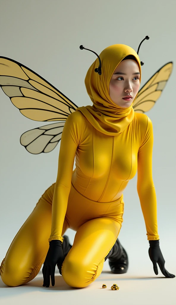 a beautiful and thin malaysian asian muslim adult girl with a shiny and beautiful face wears yellow bee lycra turtleneck unitard catsuit covered with black stripes with a pair of wings and always wear bee lycra dancewear hijab covered with black stripes.She is crawling.
