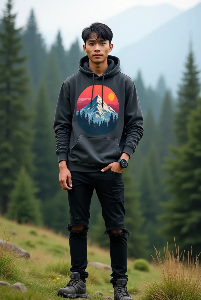 please make me a realistic photo of a 30-year-old Indonesia man wearing a dark gray hoodie ((with a mountain sunset graphic)), wearing black ripped jeans, wearing mountain shoes.wearing an iPhone smartwatch, standing facing the viewer outdoors against the background of a green pine forest.4K Full HD Resolution.((full body))