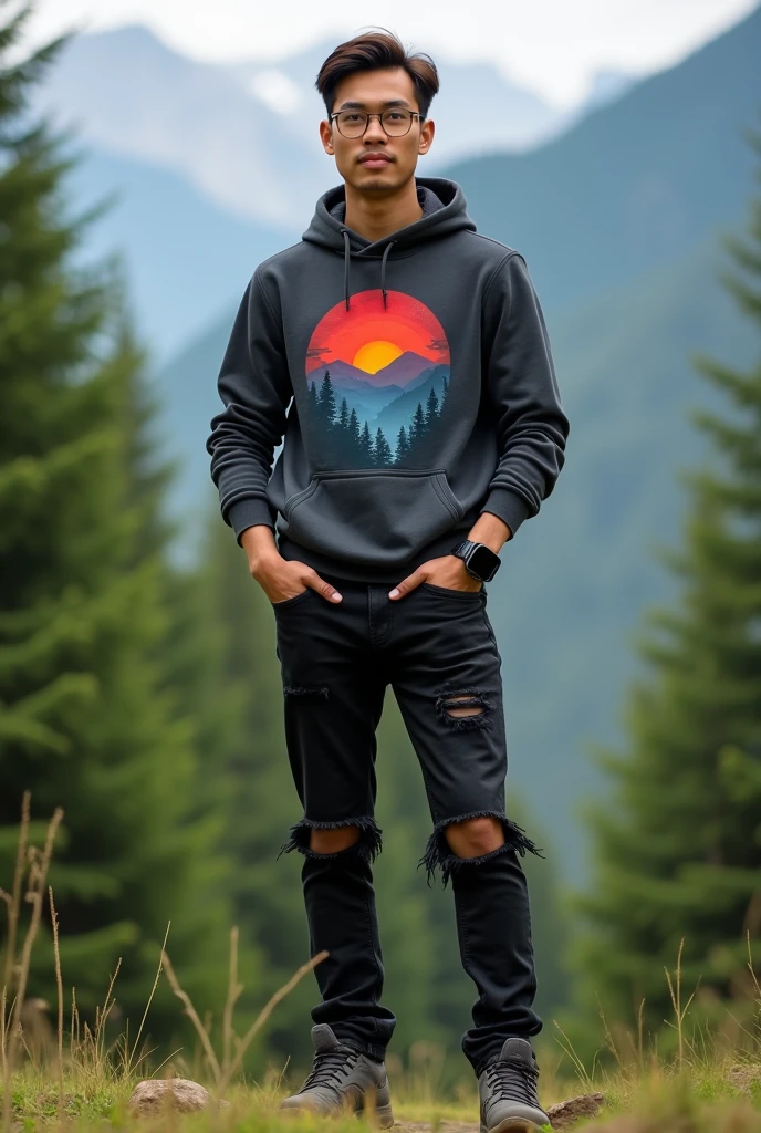 please make me a realistic photo of a 30-year-old Indonesia man wearing a dark gray hoodie ((with a mountain sunset graphic)), wearing black ripped jeans, wearing mountain shoes.wearing an iPhone smartwatch, standing facing the viewer outdoors against the background of a green pine forest.4K Full HD Resolution.((full body))