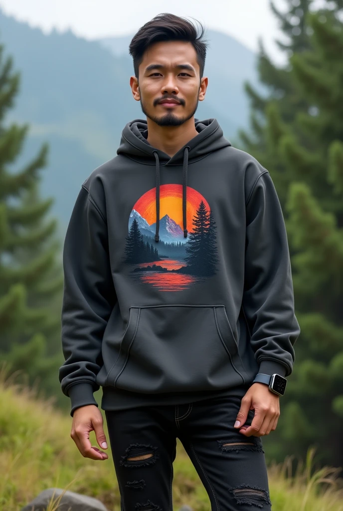 please make me a realistic photo of a 30-year-old Indonesia man wearing a dark gray hoodie ((with a mountain sunset graphic)), wearing black ripped jeans, wearing mountain shoes.wearing an iPhone smartwatch, standing facing the viewer outdoors against the background of a green pine forest.4K Full HD Resolution.((full body))
