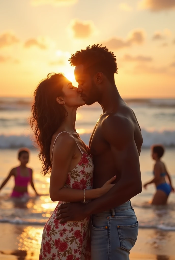 generate a photo of a black man embracing and kissing his white wife at the beach shore while kids are playing with bikinis at sunset 
