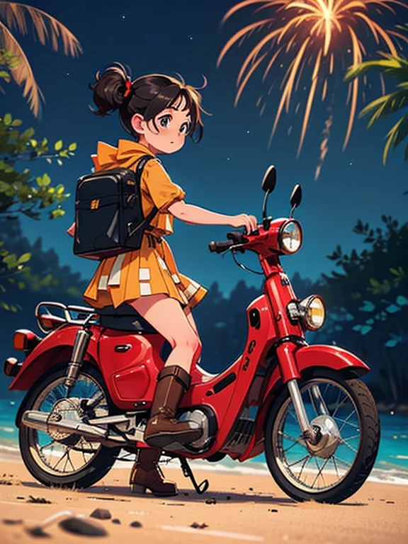 32K，UHD High Resolution，Octane Rendering，steampunk，(Hyper Detail: 1.2)，Girl riding a Super Cub、night，cute，Very short stature，Very thin thighs，Loading a lot of luggage into a yellow Super Cub，Short dress，Semi-long twin tail hair，Black Hair，goggles，Black boots，Super Cub Details，Head to the beach campsite，Medium shot from behind，night空，firework，firework display，