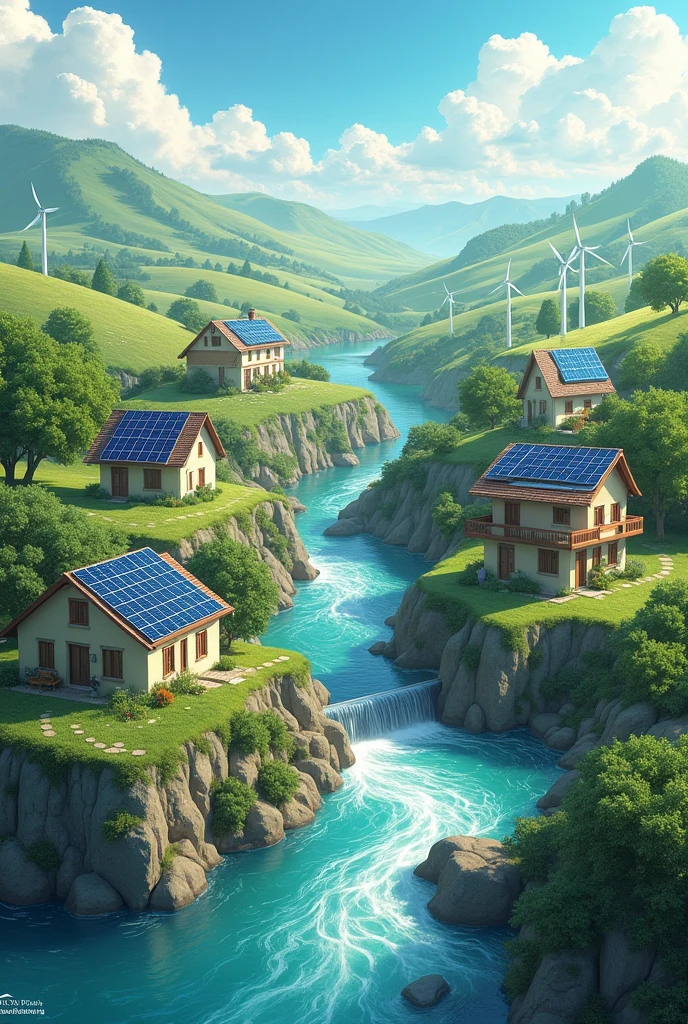 An image of a world where renewable energy resources (like solar, water and wind) are a pathway to an eco friendly world. (Make it symbolic and easy to draw). Add solar panels on houses pls. Make it semi realistic
MAKE IT MORE SYMBOLIC, NOT BASIC. MAKE IT PAINTABLE