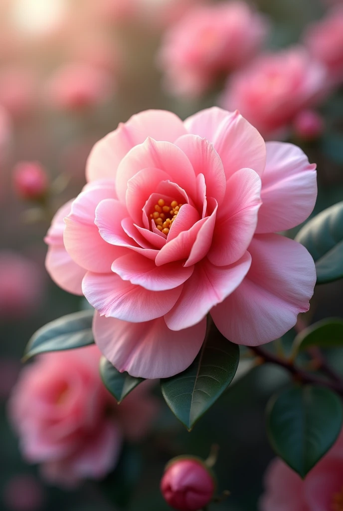 a beautiful detailed camellia flower, stunning camellia blooms, delicate pink camellias, soft focus camellia flowers, cinematic camellia flower field, camellia floral still life, camellia petals closeup, highly detailed camellia flower, dramatic lighting on camellia, painterly camellia blossom, (best quality,8k,highres,masterpiece:1.2),ultra-detailed,(realistic,photorealistic,photo-realistic:1.37),professional photography,natural lighting,vibrant colors,soft focus,shallow depth of field