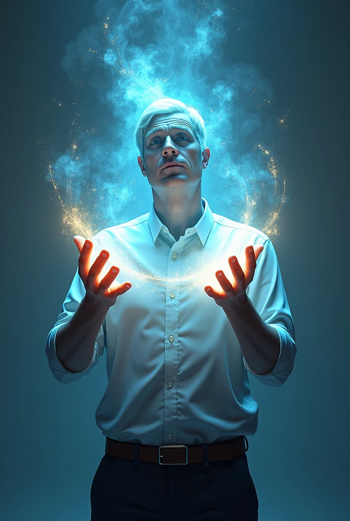 writer Bob Proctor generating a light in his hands with a high luminous frequency that reaches his entire mind with the power of thought. ultra realisitic. 3d