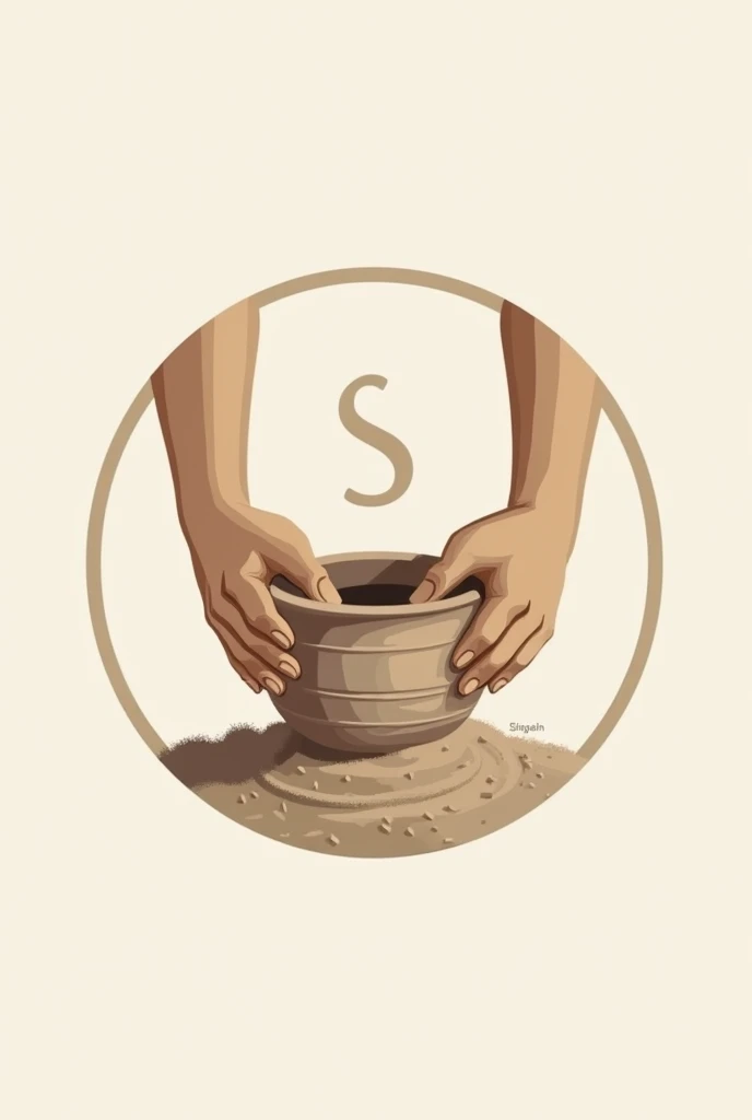 Faire un logo rond abstrait et minimaliste pour un nom de marque avec deux mains qui font de la poterie avec du sable