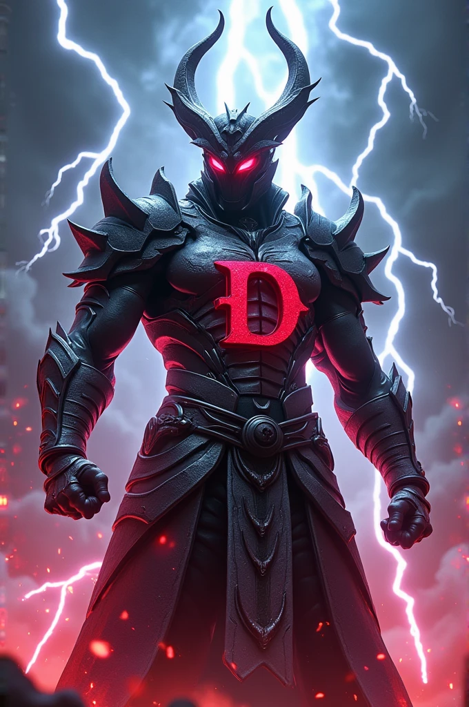 Create the character Raiden with the letter D on his chest and lightning bolts around him