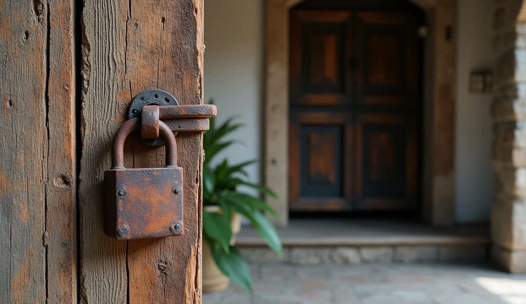 A close-up of an ancient, weathered wooden door inside the house,with alage rusty lock hanging from it, contrasting with the modern interior around it.