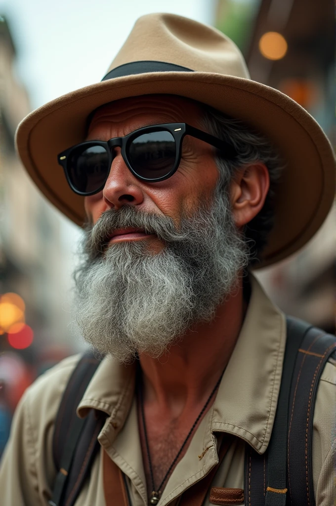 A man with a long beard and moustache and a round tourist hat with dark glasses on his eyes