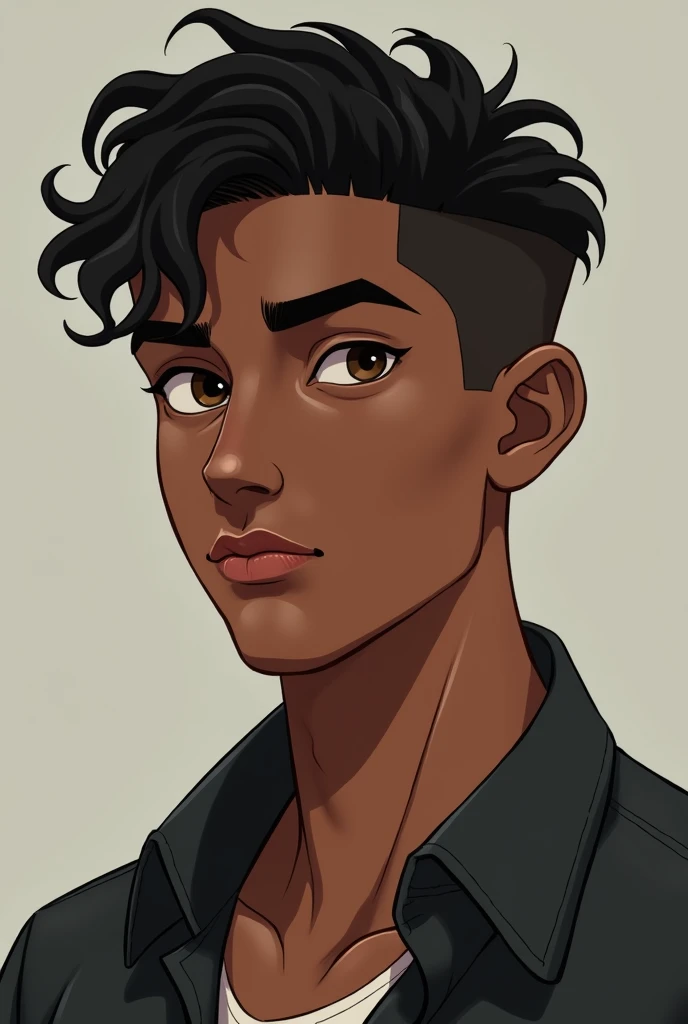 (Breakdomain),(Young 17-year-old boy, with average physical appearance and a height of 1.80 m.), (Dark skin color: 2.0), his eyes are brown and his hair is short, black and curly. His face has mixed features, with a thick, flat nose, and a large but slightly thin mouth. His size is athletic and very average for a normal teenager, with normal average muscles. He walks with confidence, his expression serious, but his eyes shine with restrained energy. His presence is imposing and magnetic, drawing the attention of everyone around him.)