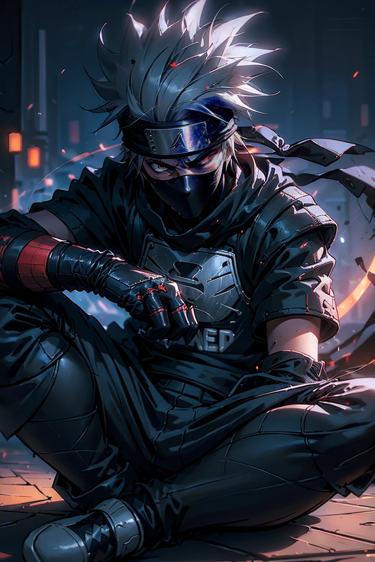 (Highest quality,4K,High resolution),Scarecrow sitting on the ground in street style, Leaning against a wall, Red Jordan, Red ninja gloves, Gray Hair, ninja headband, Mask covering the mouth, Graffiti Background, Vibrant colors, urban art style, Edgy lighting