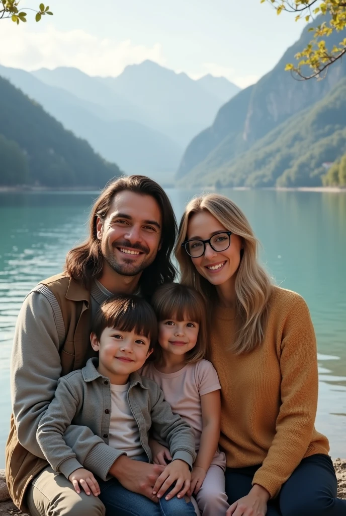 Avec l&#39;IA, faites une photo portrait d'un couple avec leur 2 enfants au lac d'annecy, l'homme à les cheveux long et noir sans lunette, la femme a les cheveux blonds et porte des lunettes. Et avec leurs enfants, un garçon de trois ans avec des cheveux noirs atteignant son front et une fille de 5 ans, aux cheveux long. 