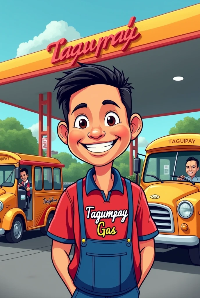 Can you make me a cartoonized filipino man as a pump attendant wearing red and blue shirt like inviting you to gas up as a logo and has a Tagumpay text on his uniform and make the background looks like a gas station named Tagumpay Gas with filipino traditional Sarao Jeepneys. Show the gas pumps with philippine culture background