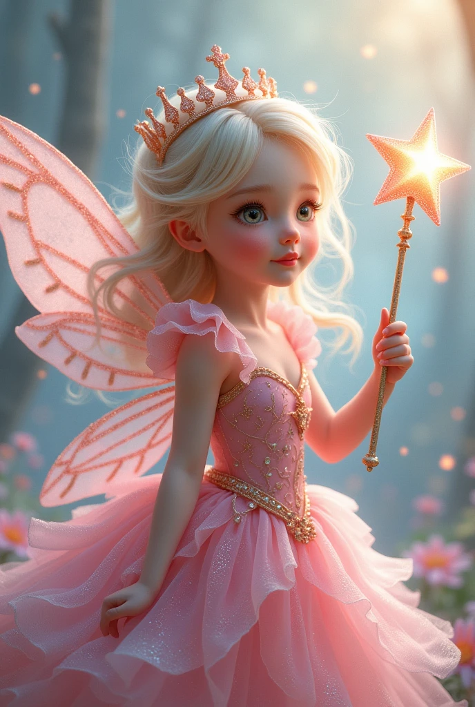Show me a picture of a fairy who wore princess dress in a pinkish blue color with crown on her head and a magic stick (that stick has a big star but not that big) in her hand and she have a glittery pinkish wings one half of her size