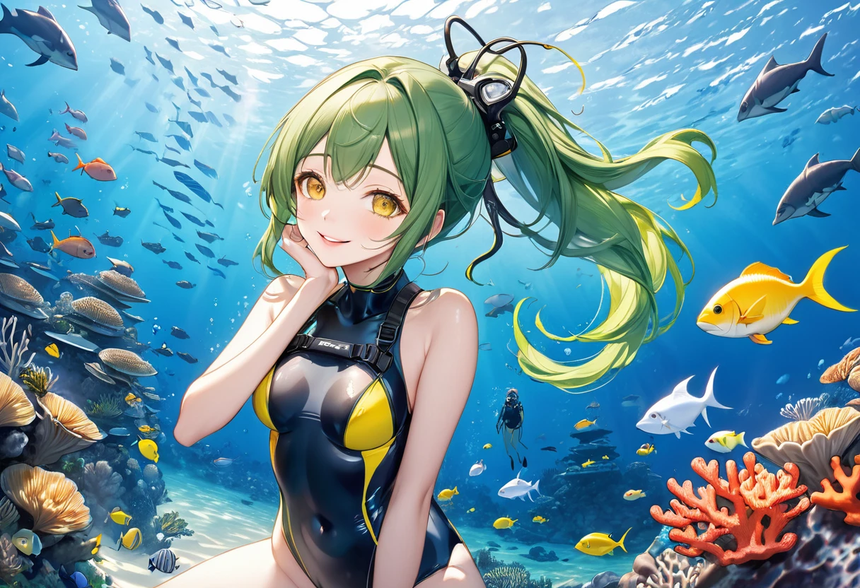 (Scuba Diving style) (enjoy Beautiful underwater), (panoramic, solo:2, 15 yo), (beautiful ponytail) (glossy beautiful green hair long hair) (beautiful cute girl), (glossy lip, happy smile, best beauty yellow eyes), (medium tits), in a Provocative Swimsuit, break, in the under sea in Okinawa, background deep undersea with Coral Farm, BREAK, perfect anatomy, masterpiece, best quality, 16k, beautiful detailed grow, daydreaming expression.