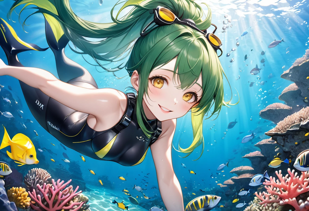 (Scuba Diving style) (enjoy Beautiful underwater), (panoramic, solo:2, 15 yo), (beautiful ponytail) (glossy beautiful green hair long hair) (beautiful cute girl), (glossy lip, happy smile, best beauty yellow eyes), (medium tits), in a Provocative Swimsuit, break, in the under sea in Okinawa, background deep undersea with Coral Farm, BREAK, perfect anatomy, masterpiece, best quality, 16k, beautiful detailed grow, daydreaming expression.
