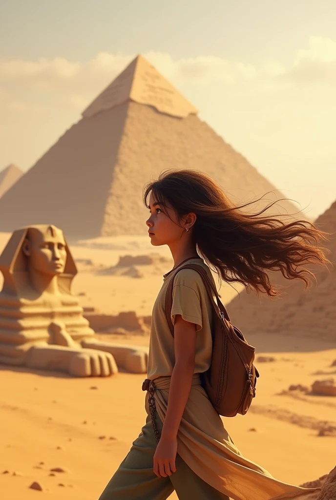 A girl with long brown hair in loose fitting clothes visiting Egypt
