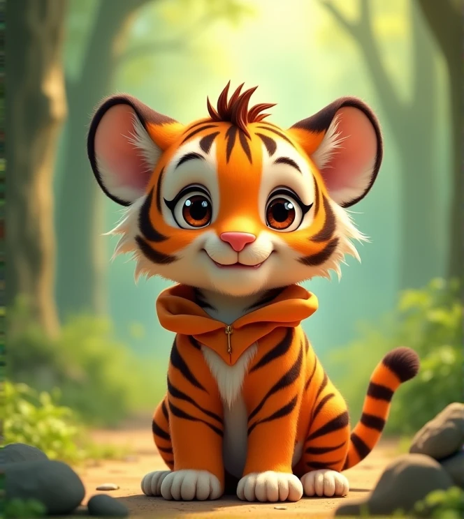 Imagine a lifelike tiger cub, with humorous exaggerated features, oversized, wearing cute clothes, bright eyes and curiosity, smiling, positive image, smiling tiger cub, Disney style, capturing natural textures, although its little claws are slightly larger, they are cuter. The background is a simple forest with an emphasis on natural colors and some greenery, creating bright, fuzzy colors