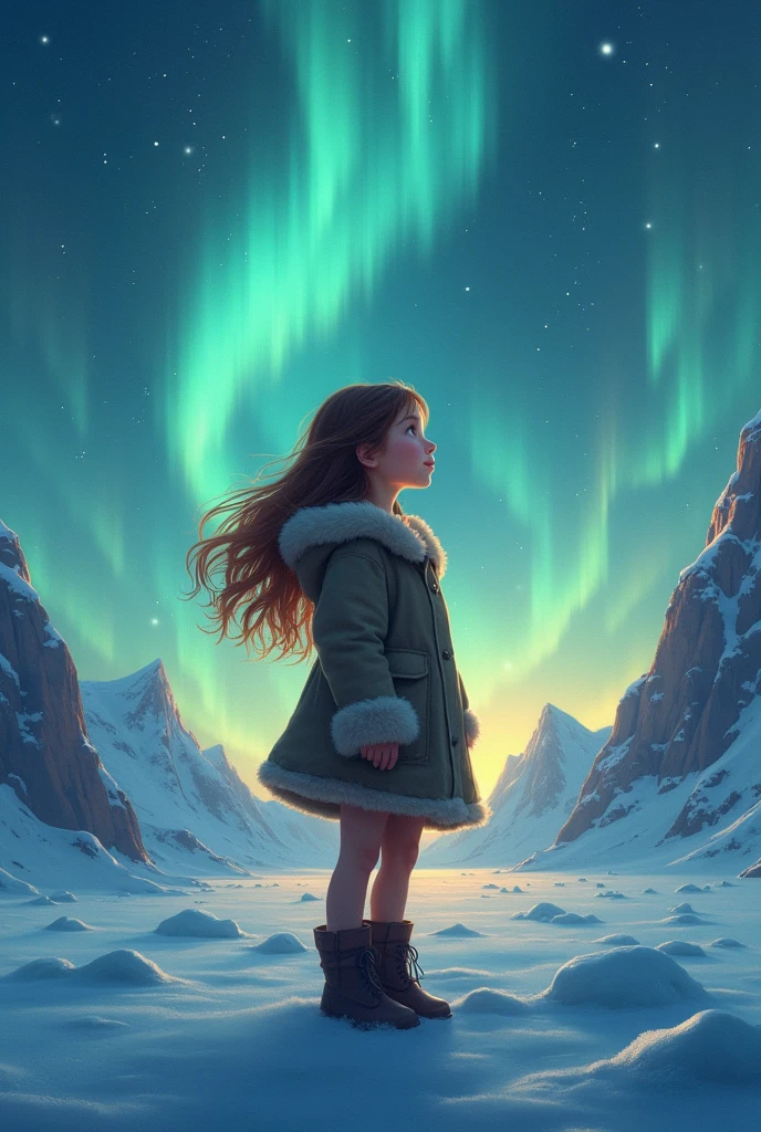 A brown-haired girl from the North Pole with the Northern Lights