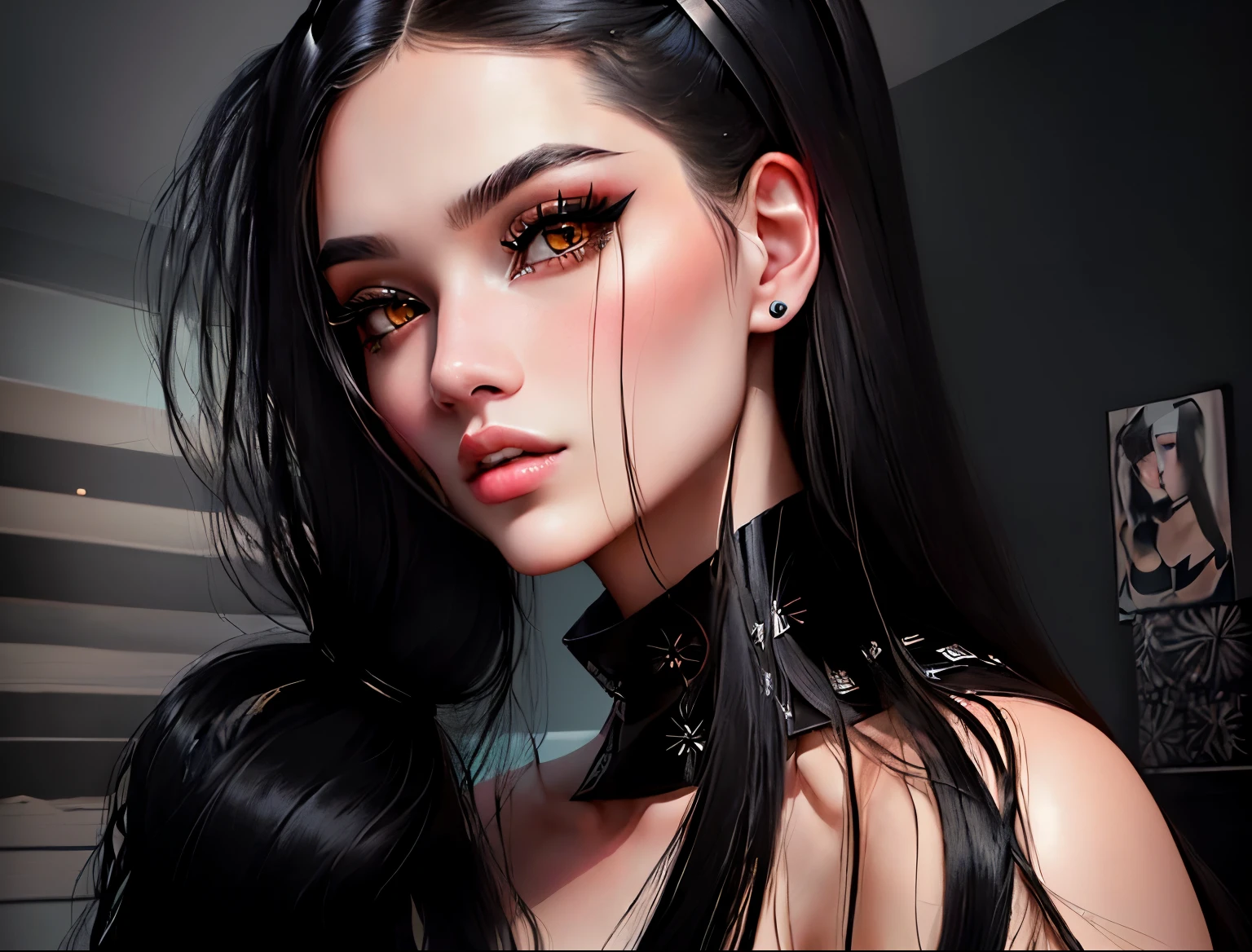 there is a woman with long black hair posing for a picture, anna nikonova aka newmilky, 2 4 year old female model, with long hair and piercing eyes, black hair and large eyes, with straight black hair, bella poarch, extremely beautiful face, sexy look at the camera, 1, with black pigtails, long thin black hair