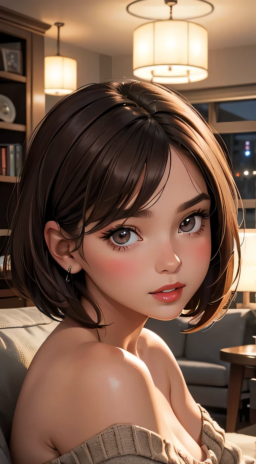 Amazing portrait of a woman who is 30 years old and an adult and a sexy and cute woman who is your best friend's sister who is alone at her  home having a late night gaming session with her brown hair in a short bob style with soft eyes and parted lips with a deep blush wearing an off shoulder oversized grey sweater sitting on a  couch during night time and it's raining outside with warm lighting inside during night time with soft lighting showcasing her red lips and her beautiful face in detail and close up 