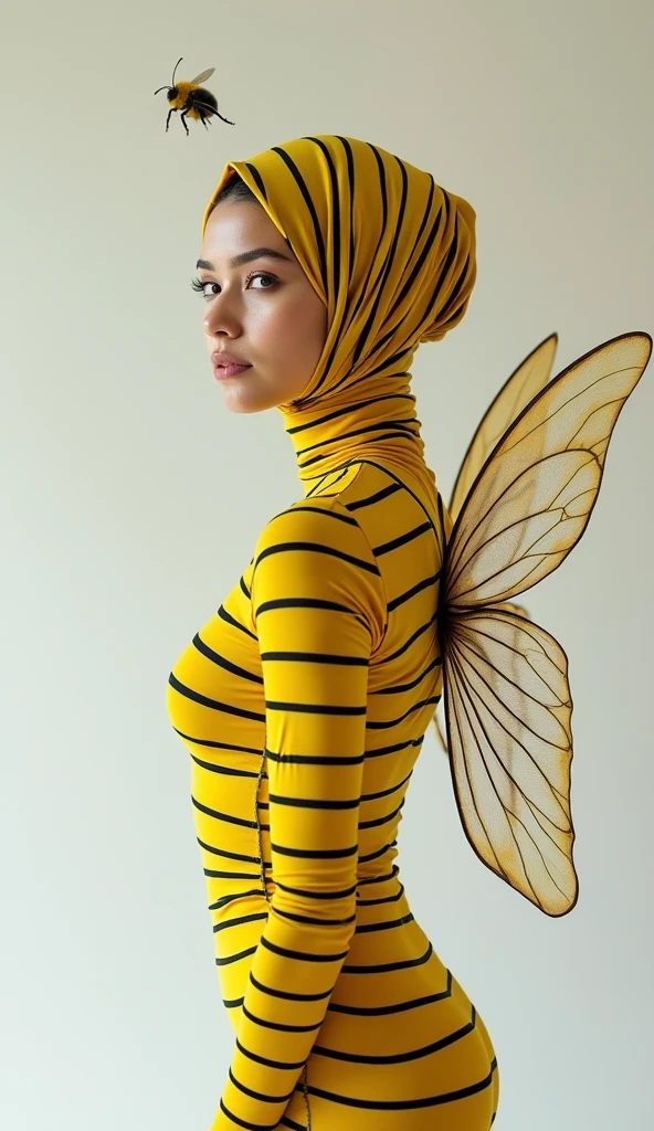 a beautiful and thin malaysian asian muslim adult girl with a shiny and beautiful face wears yellow bee lycra turtleneck unitard catsuit covered with black stripes with a pair of wings and always wear bee lycra dancewear hijab covered with black stripes.She is buzzing.