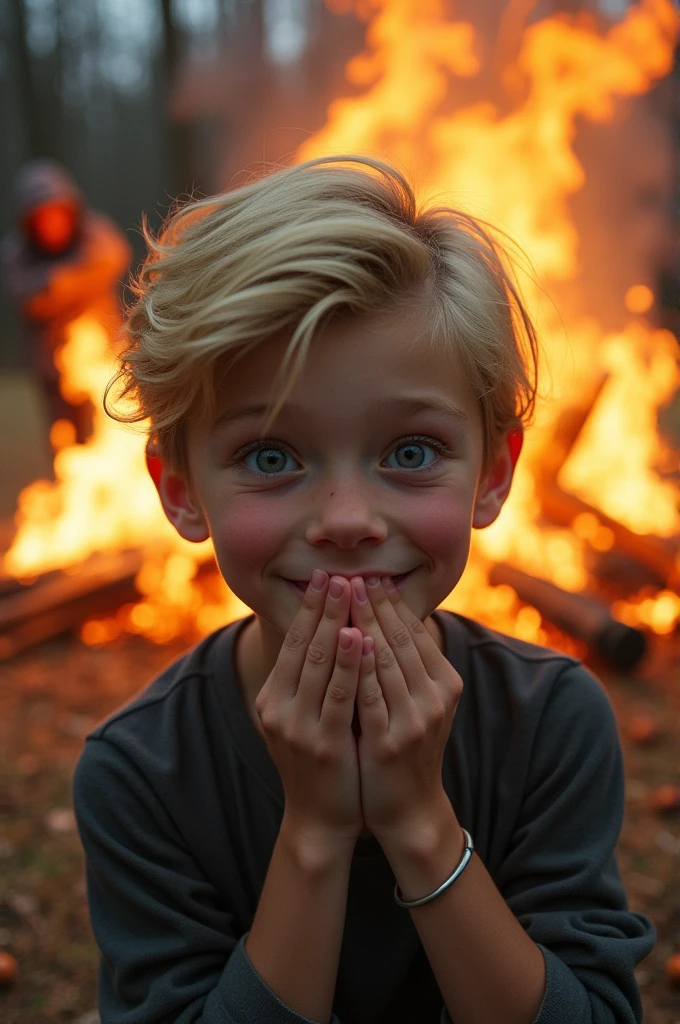  A blonde-haired, fair-skinned ager with a blue left eye and a gray right eye is putting both hands on his mouth and smiling. Behind him is a fire and a man and a woman are being burned. 