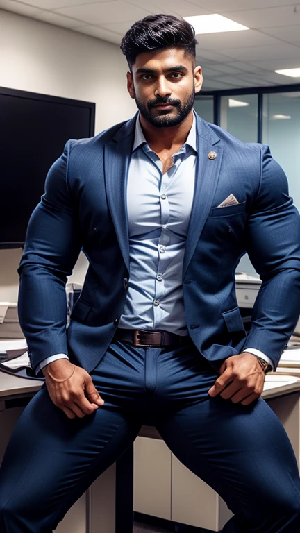 Indian gurjar ARJUN gay man in business suit with underwear, standing in office with spread legs, huge bulge