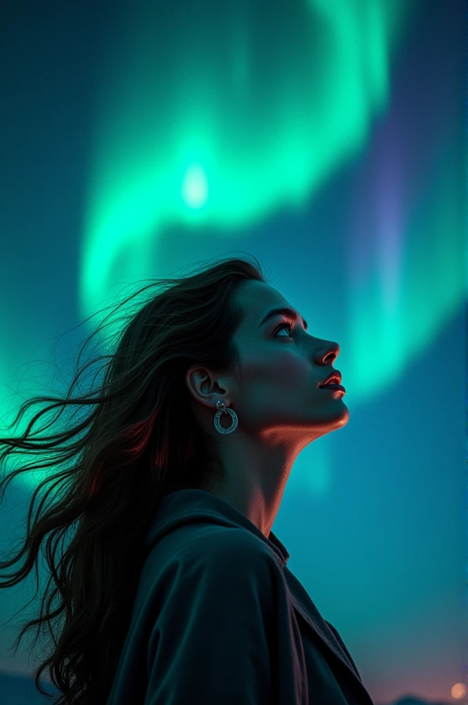 A brown haired blue eyed woman in the Northern Lights