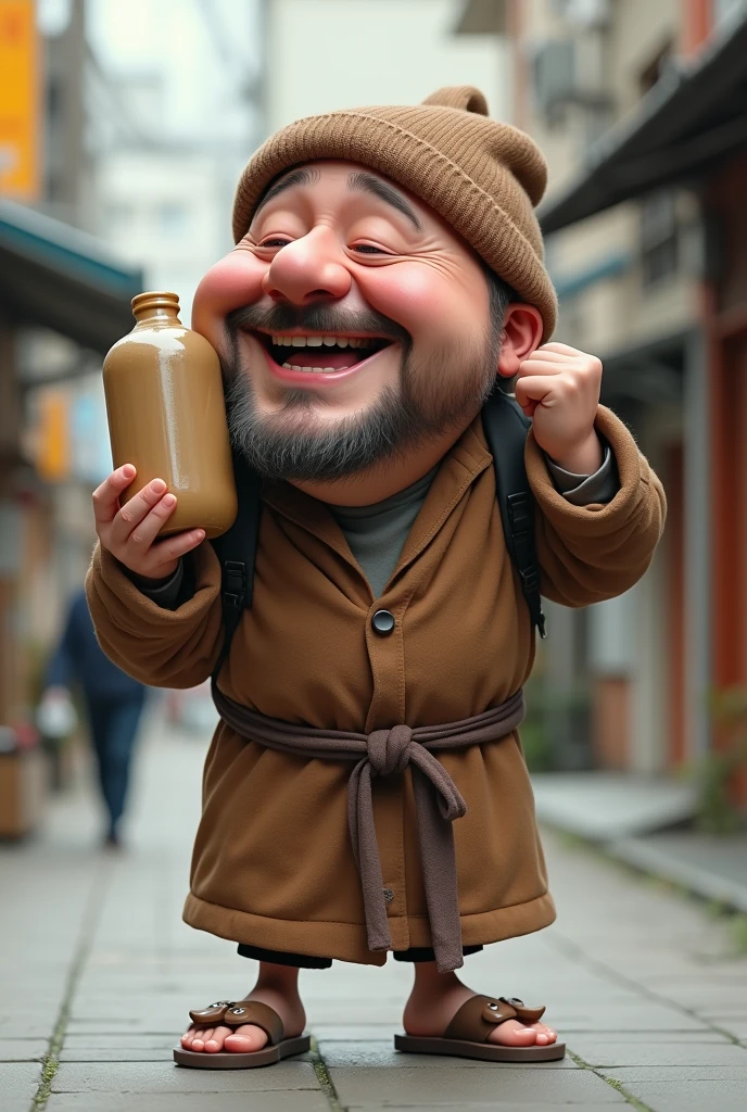 3d caricature photography of a 40 year old man, very big head, a little stubble on his chin, wearing a brown beanie, wearing a 3/4 brown robe, wearing cute bear sandals, laughing broadly while carrying a gallon of water on his back