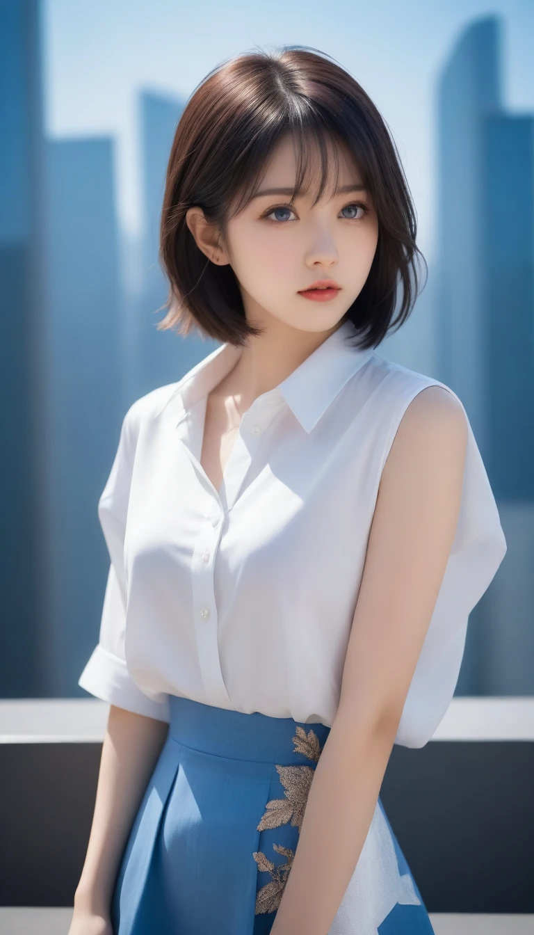 8k, Ultra-high resolution, Highest quality, masterpiece, 三分割法によるphotograph,Surreal, photograph, 1 , (:1.3), cute, cute顔, 細部までBeautiful Eyes, 細かくdetailedに,masterpiece,One Girl:1.2,Japanese women,Female announcer,cowboy shot,glaring,Black short hair,messy hair,from side,(White shirt:1.3),Blazer,Pencil Skirt,Rooftop,white collar,blue sky,Background of skyscrapers,(Beautiful attention to detail),Subtle details, detailedな顔,anger,Attractive eyes,(ポートレートphotograph:1.4),(Photorealistic images:1.4),Fantasy art,(Beautiful Face:1.4),美しくAttractive eyes、Beautiful Eyes,Silver residue,(Tight waist:1.4)、(Beautiful with perfect body proportions:1.4),Pink Lips,profile,(((Ideal body type))),A-cup small breasts :2,、Portraiture:2、Perfect Anatomy、鮮明なdetailed、detailed,Fashion magazine cover,Thin lips,完璧でBeautiful Face ,完璧でcute顔, Skin with attention to detail, Perfect limbs、Narrow waist,Surreal,Light and shadow,sunlight