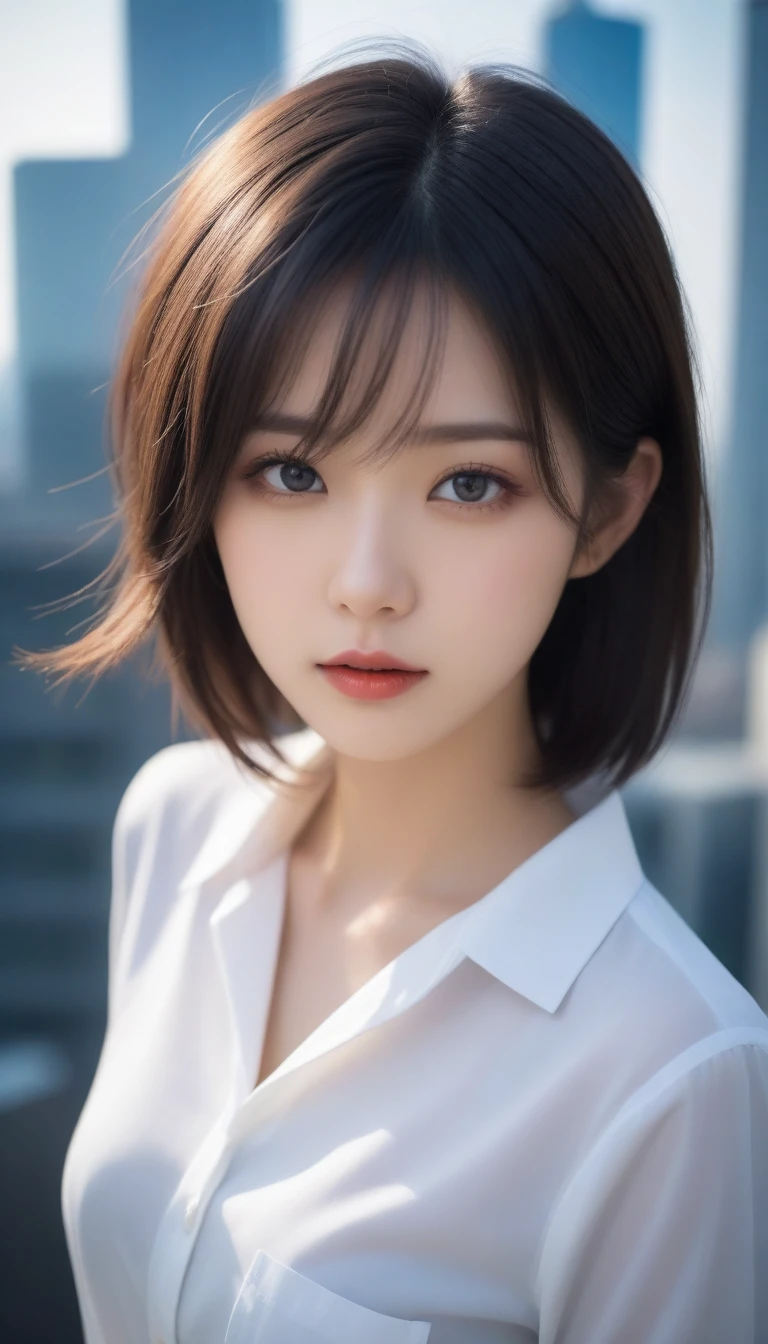 8k, Ultra-high resolution, Highest quality, masterpiece, 三分割法によるphotograph,Surreal, photograph, 1 , (:1.3), cute, cute顔, 細部までBeautiful Eyes, 細かくdetailedに,masterpiece,One Girl:1.2,Japanese women,Female announcer,cowboy shot,glaring,Black short hair,messy hair,from side,(White shirt:1.3),Blazer,Pencil Skirt,Rooftop,white collar,blue sky,Background of skyscrapers,(Beautiful attention to detail),Subtle details, detailedな顔,anger,Attractive eyes,(ポートレートphotograph:1.4),(Photorealistic images:1.4),Fantasy art,(Beautiful Face:1.4),美しくAttractive eyes、Beautiful Eyes,Silver residue,(Tight waist:1.4)、(Beautiful with perfect body proportions:1.4),Pink Lips,profile,(((Ideal body type))),A-cup small breasts :2,、Portraiture:2、Perfect Anatomy、鮮明なdetailed、detailed,Fashion magazine cover,Thin lips,完璧でBeautiful Face ,完璧でcute顔, Skin with attention to detail, Perfect limbs、Narrow waist,Surreal,Light and shadow,sunlight