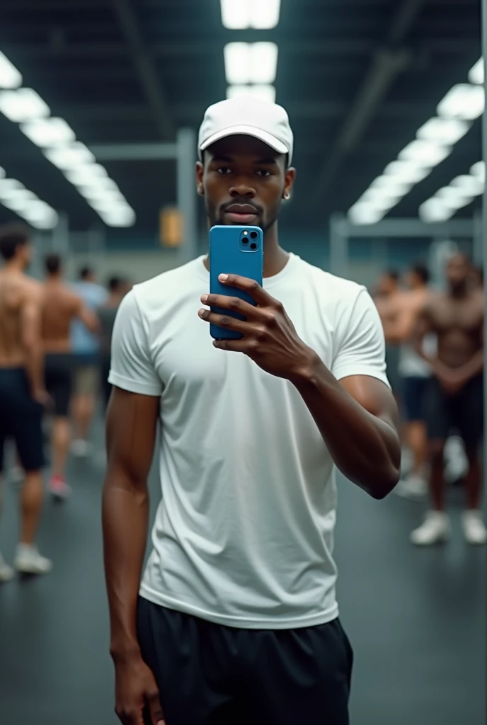 best qualityer:1.4), (ultra high resolution:1.2), (photorrealistic:1.4), (8k, CRU photo:1.2), a thin young man of 20 years old, skin black, with a smooth, beardless face, is wearing a white cap, is wearing a white short sleeve shirt. He's wearing black shorts. He's taking a picture in the mirror. He has an iPhone with a blue case. In the background there is a gym and people moving around. He has thin arms.