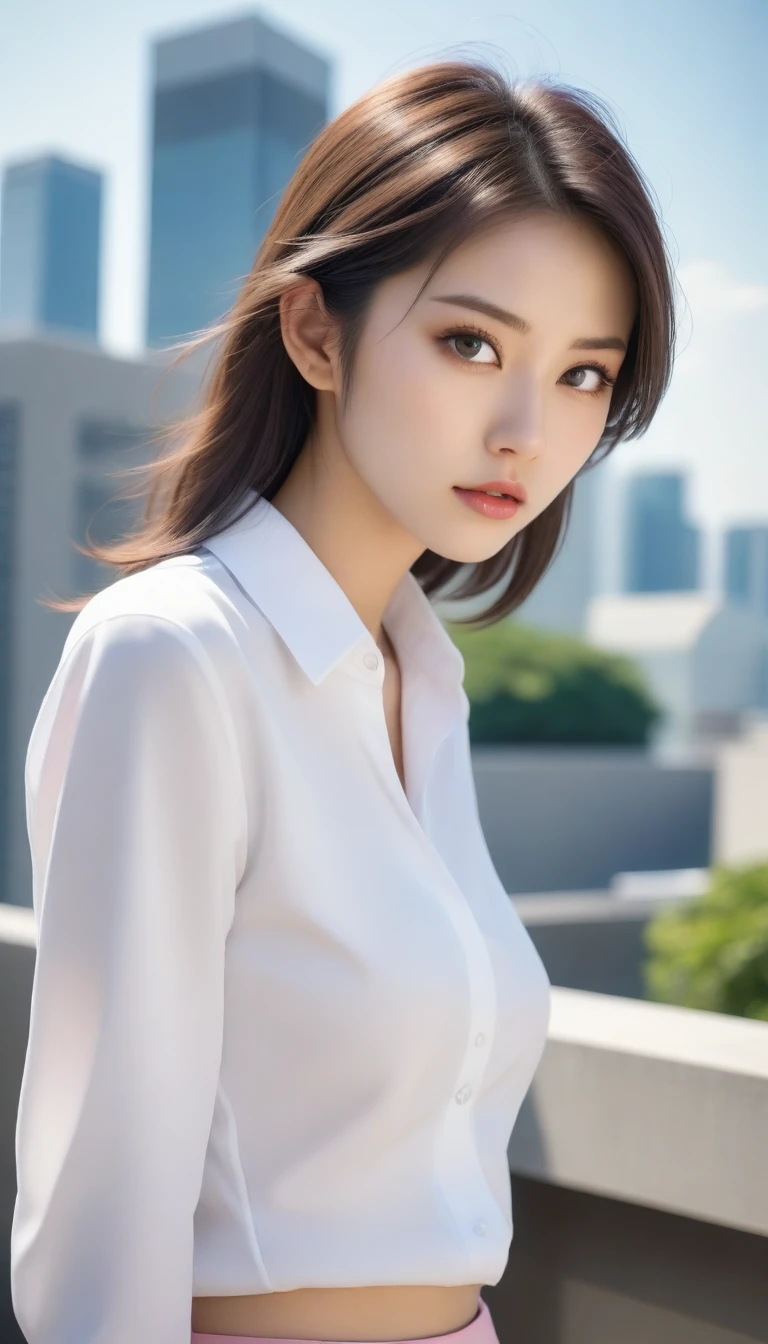 (highest quality、8k、masterpiece：1.3))、Sharp focus：1.2、Beautiful woman with perfect style：1.0、Slender Abs：1.2、((Dark Brown Hair、Big Breasts：1.2))、(White chest button-open shirt for him:1.1)、street:1.2、Highly detailed face and skin texture、Detailed eyes、double eyelid、Less exposure、