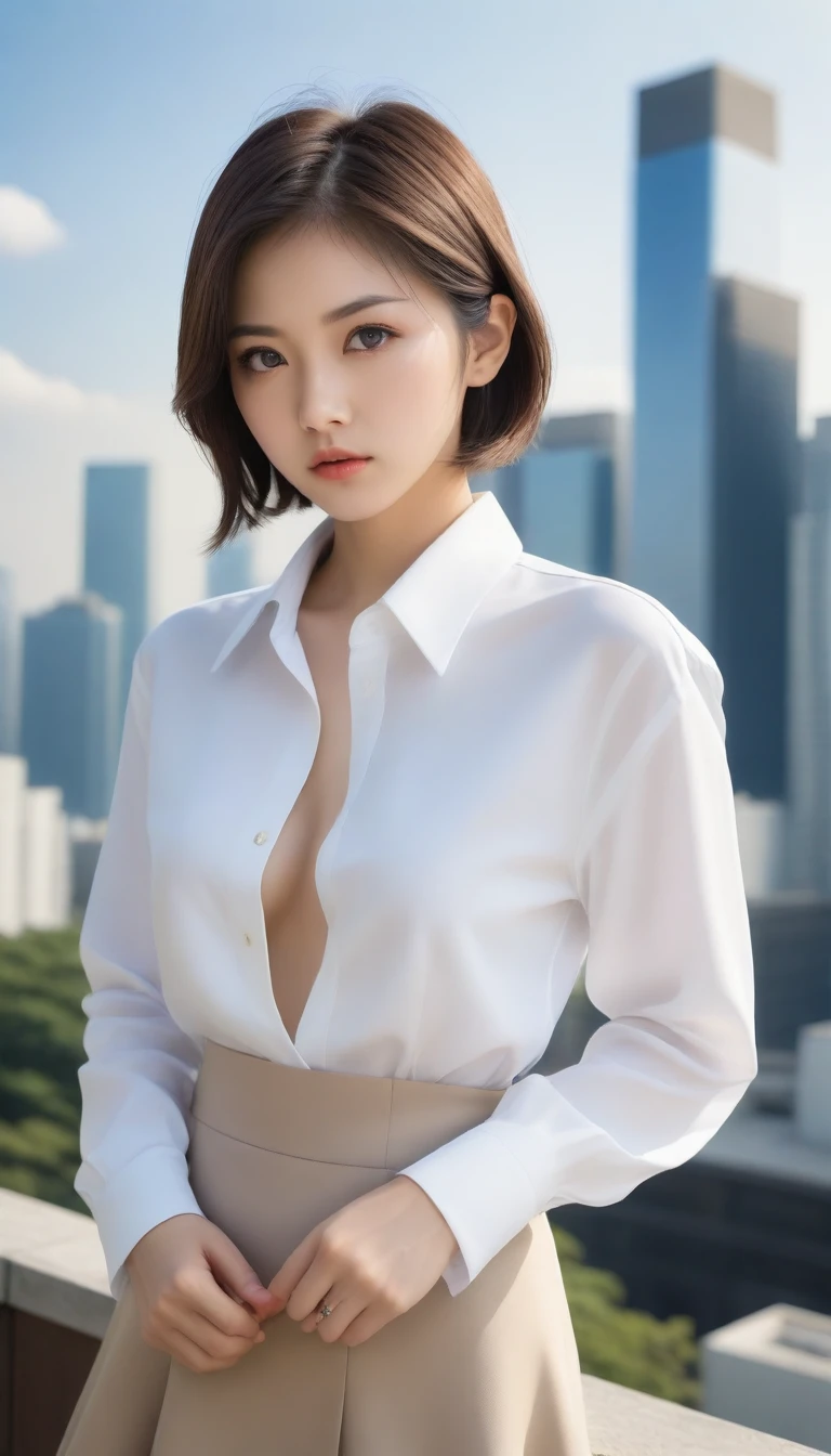 8k, Ultra-high resolution, Highest quality, masterpiece, 三分割法によるphotograph,Surreal, photograph, 1 , (:1.3), cute, cute顔, 細部までBeautiful Eyes, 細かくdetailedに,masterpiece,One Girl:1.2,Japanese women,Female announcer,cowboy shot,glaring,Black short hair,messy hair,from side,(White shirt:1.3),Blazer,Pencil Skirt,Rooftop,white collar,blue sky,Background of skyscrapers,(Beautiful attention to detail),Subtle details, detailedな顔,anger,Attractive eyes,(ポートレートphotograph:1.4),(Photorealistic images:1.4),Fantasy art,(Beautiful Face:1.4),美しくAttractive eyes、Beautiful Eyes,Silver residue,(Tight waist:1.4)、(Beautiful with perfect body proportions:1.4),Pink Lips,profile,(((Ideal body type))),A-cup small breasts :2,、Portraiture:2、Perfect Anatomy、鮮明なdetailed、detailed,Fashion magazine cover,Thin lips,完璧でBeautiful Face ,完璧でcute顔, Skin with attention to detail, Perfect limbs、Narrow waist,Surreal,Light and shadow,sunlight