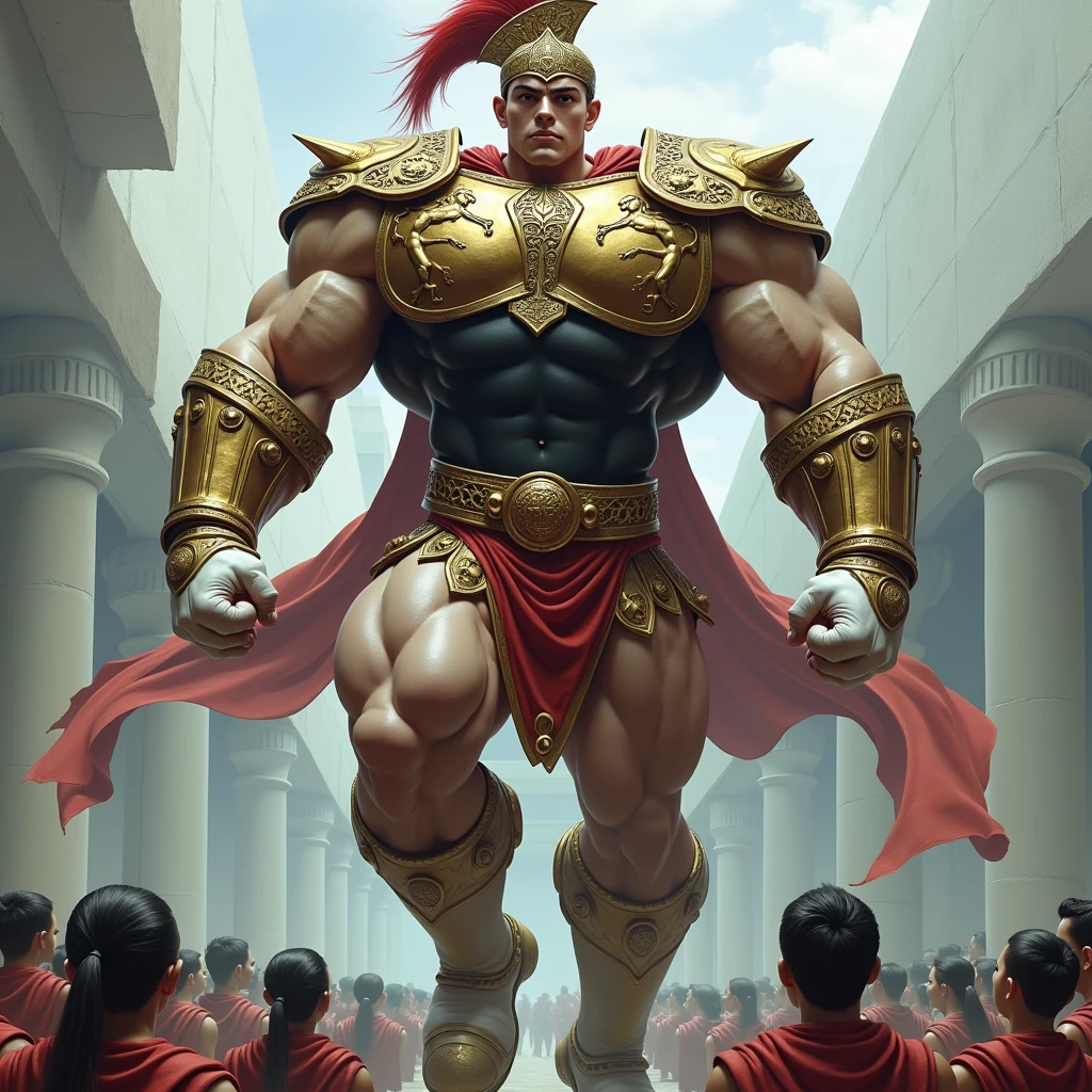 This boy has injected himself with a serum that has given him a huge growth of muscles that has turned him into a gigantic muscle monster. His legs stand out because the amount of muscle and enormous size make the boy look disproportionate since the muscles of his torso are much smaller compared to them.. He is wearing an ancient warrior style suit., First a super tight black lycra base layer that covers the entire body, Then a golden breastplate finally decorated with scenes in relief of muscular men, She also wears a golden belt that is around her small waist. Lleva tambien unas hombreras de oro y una capa color carmin, sus enormes brazos estan cubiertos por la lycra negra y unos guantes blancos con puas en los nudillos, en las piernas lleva unas medias de futbol color blanco extra largas que le llegan hasta los muslos. Sus rostro es hermoso, no lleva barba y tiene el pelo bien corto ademas de llevar unas gafas redondas. Se lo ve aplastando la cabeza de su enemigo. Porta un yelmo griego cerrado color dorado con detalles y un gran penacho rojo. Se encuentra en medio de un gram salon rodeado de gente mucho mas pequeña que el que se inclinan ante el.