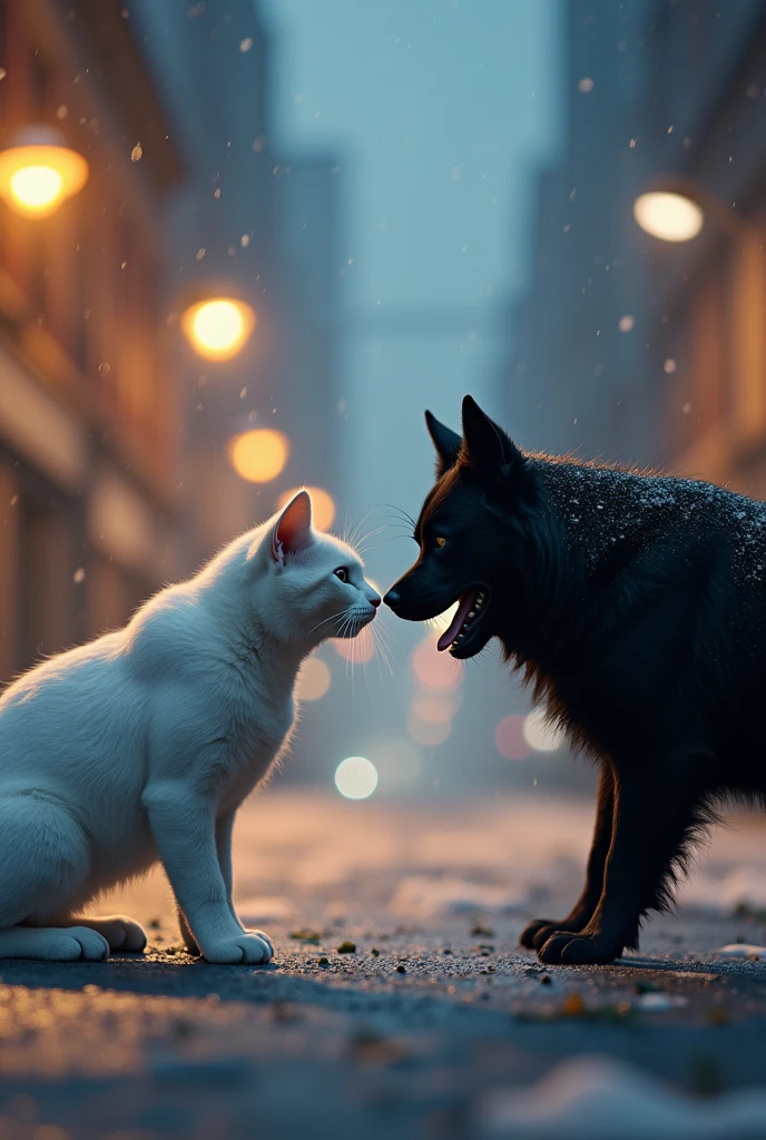  white cat and black dog fight on cold evening street corner, there are street lights