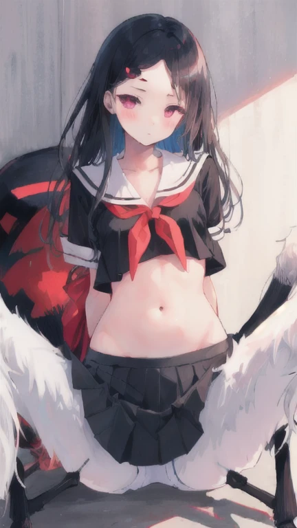 (best quality, masterpiece), 1 girl, Arachne , I beg, White skin, Japanese schoolgirl,daughter,black pink, exposing the abdomen, belly button t-shirt , 아름다운 소녀 perfect picture, perfect picture