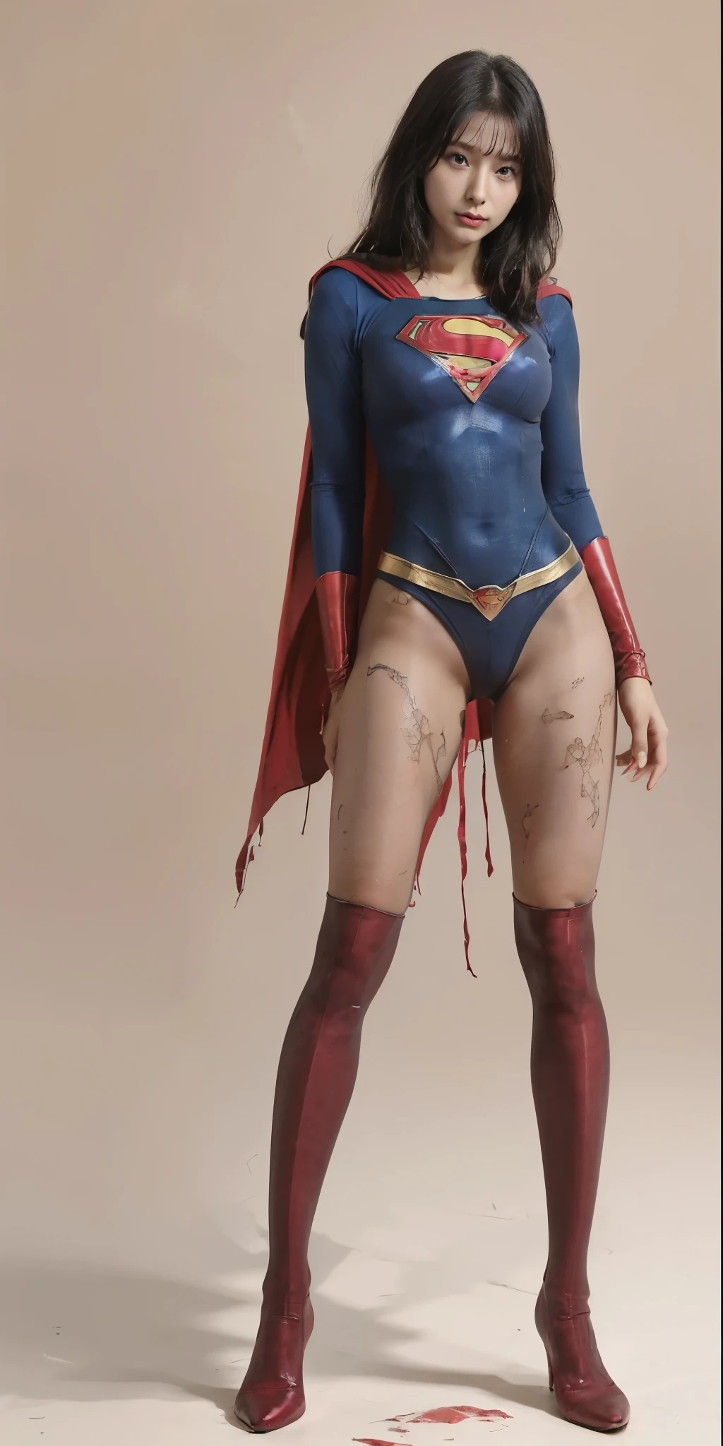 No background、(((Beautiful legs in black tights.)))、(((Legalize the beauty of your suffering face)))、((((Make the most of your original images)))、(((Supergirl Costume)))、(((Beautiful Hair)))、(((suffering)))、(((Please wear black tights....、Wear red boots)))、((Best image quality、8k))、((Highest quality、8k、masterpiece:1.3))、(((Preserve background )))、Sharp focus:1.2、Beautiful woman with perfect figure:1.4、Slim Abs:1.2、Wet body:1.5、Highly detailed face and skin texture、8k