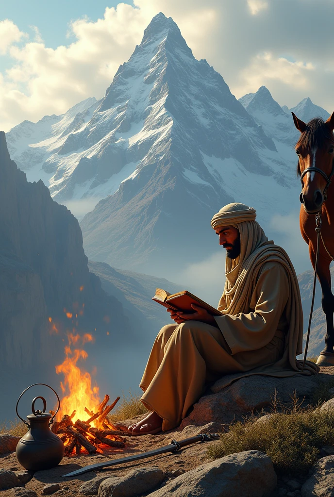 (photorealism:1.2), an arab man sitting on mountain reading a book, fire in front of him. His horse standing next to him. Sword, kettle,
