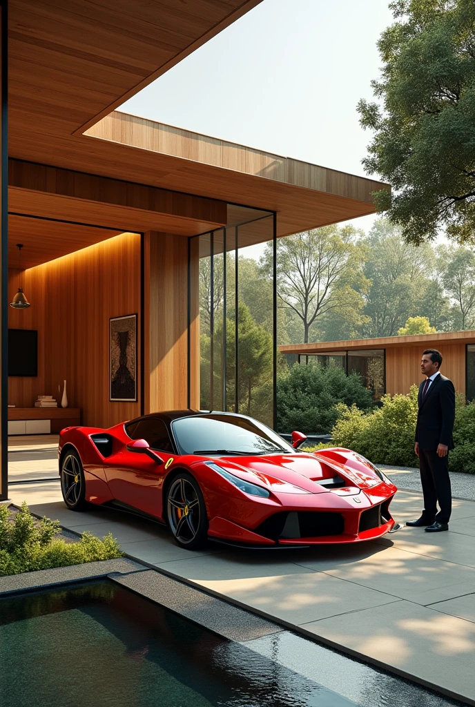 create an architectural showroom car followed by a retro architectural style. An architect ( not a car). Landscape architect, realistic render.
A showroom car work for FERRARI